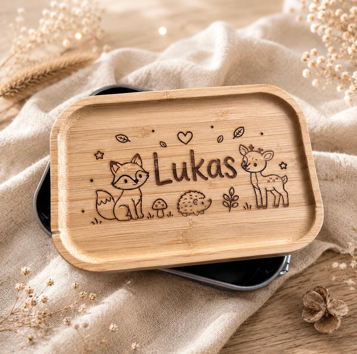 Personalisierte Brotdose mit Bambusdeckel, Waldtiere & Wunschname