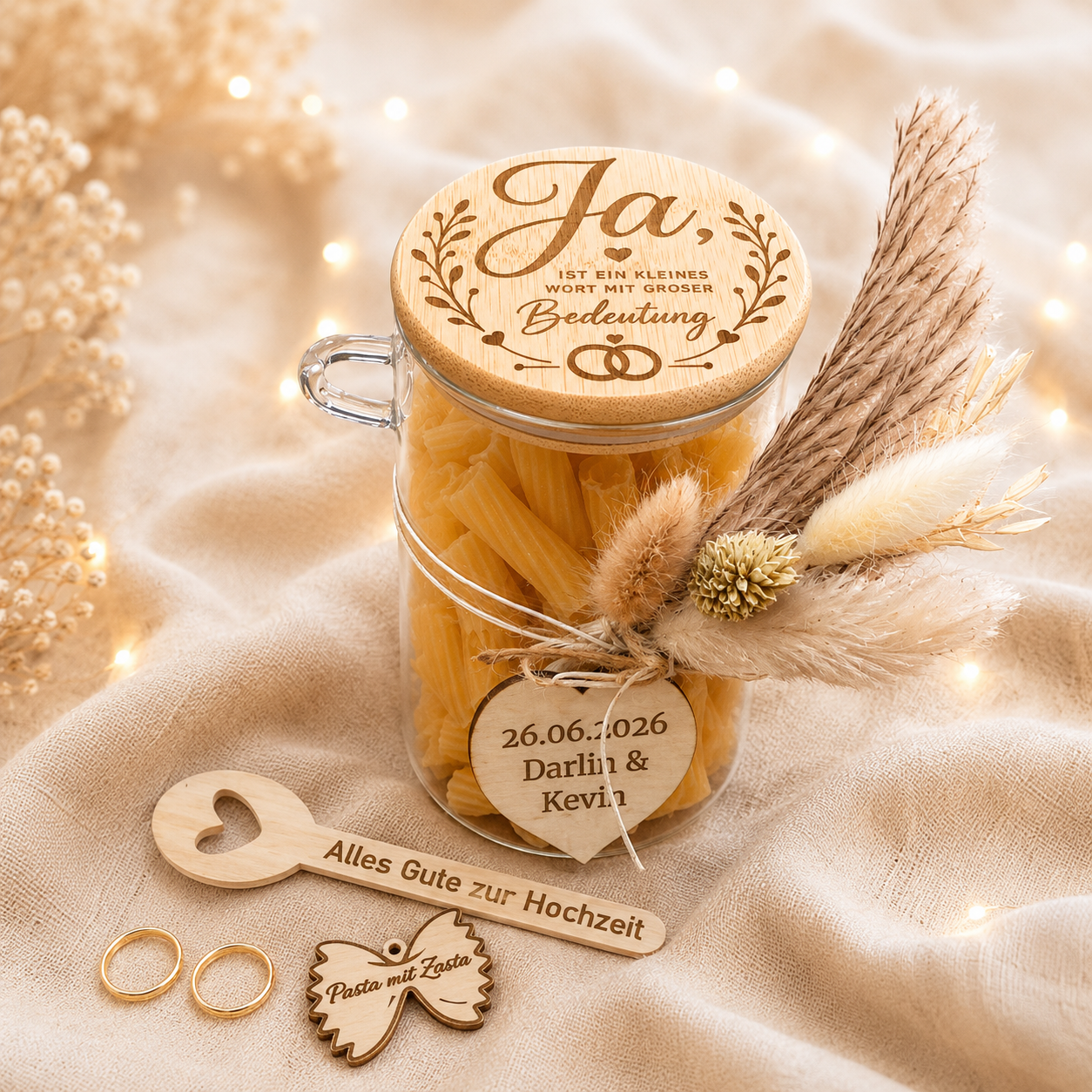 Personalisiertes Geldgeschenk Hochzeit im Glas, Pasta mit Trockenblumen & Gravur, Gastgeschenk Hochzeit