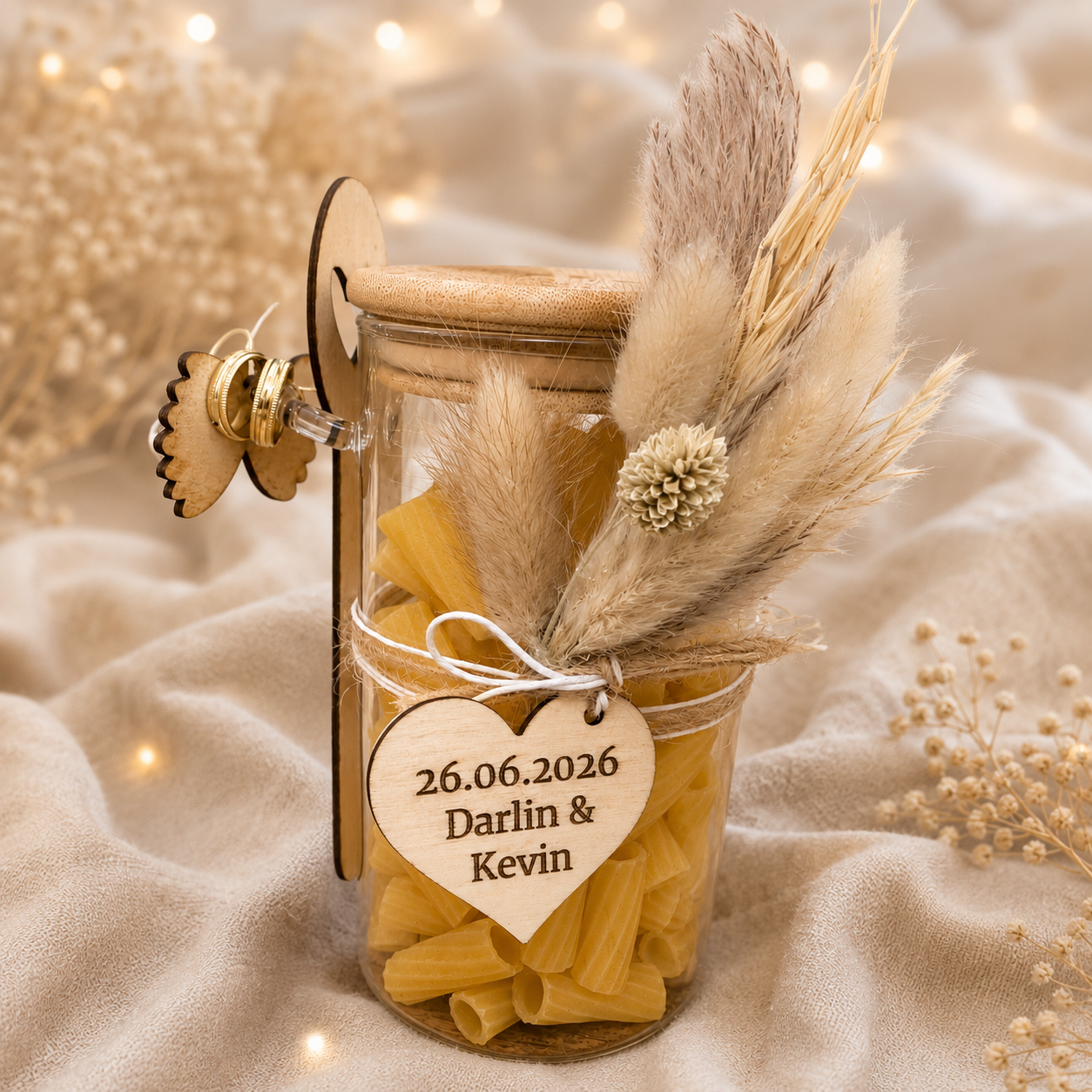 Personalisiertes Geldgeschenk Hochzeit im Glas, Pasta mit Trockenblumen & Gravur, Gastgeschenk Hochzeit