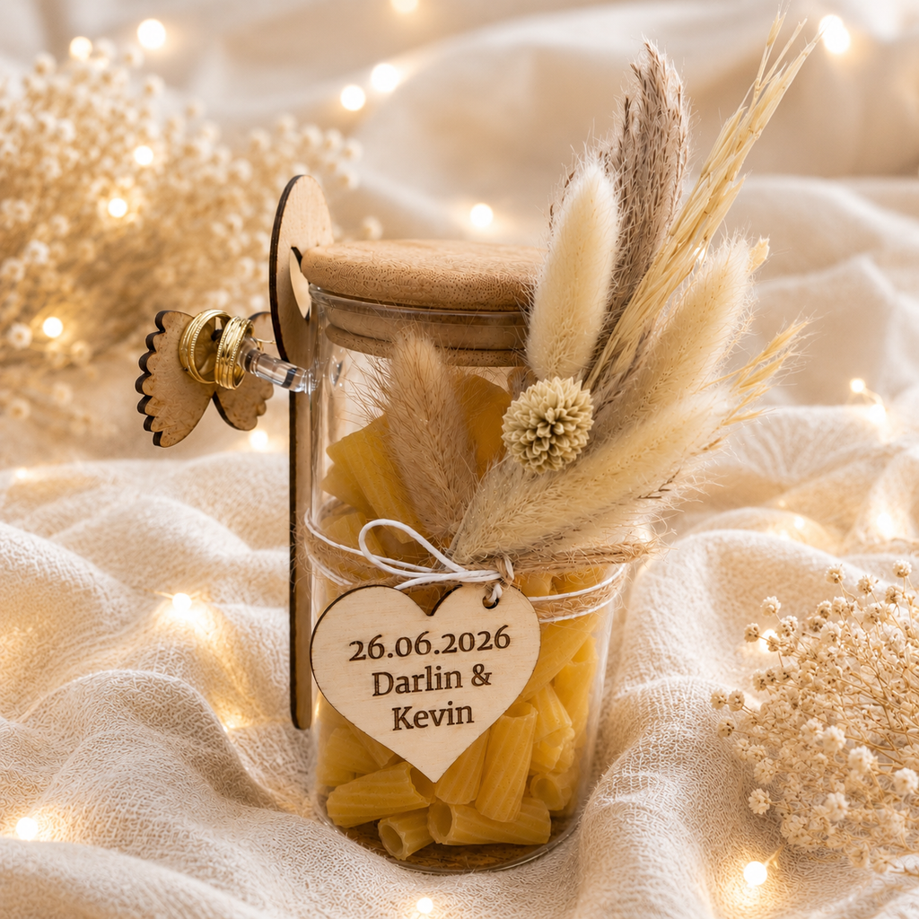 Personalisiertes Geldgeschenk Hochzeit im Glas, Pasta mit Trockenblumen & Gravur, Gastgeschenk Hochzeit