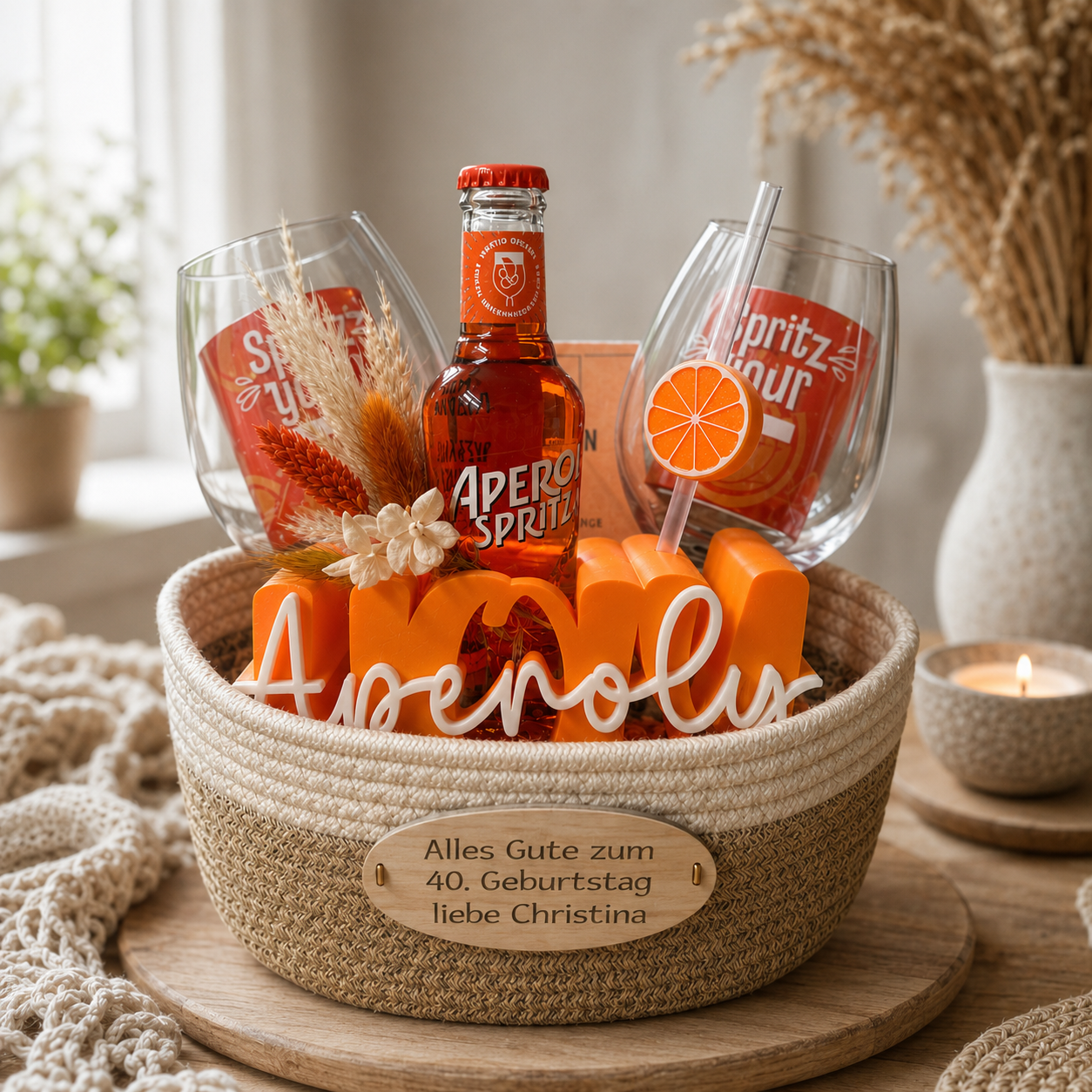 Personalisierter Aperol-Spritz-Geschenkkorb zum 40. Geburtstag, Geschenkset mit Gläsern, Deko & Namensschild