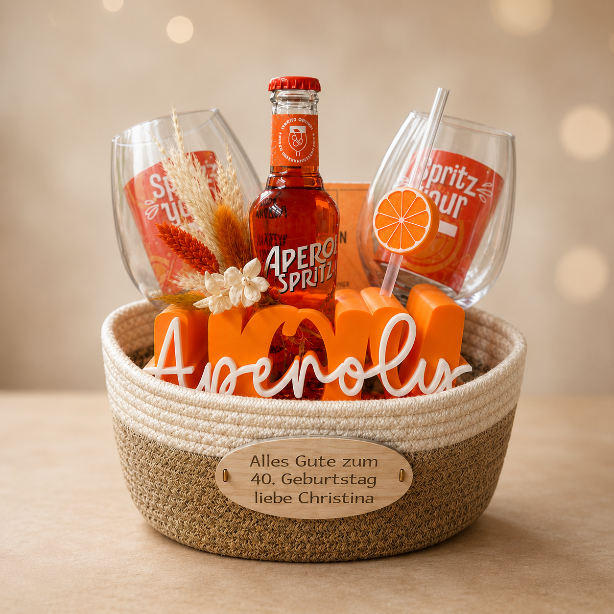 Personalisierter Aperol-Spritz-Geschenkkorb zum 40. Geburtstag, Geschenkset mit Gläsern, Deko & Namensschild
