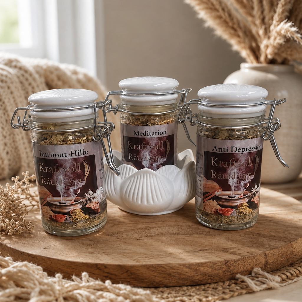 Meditation Räuchermischung im Glas mit Lotus-Schale