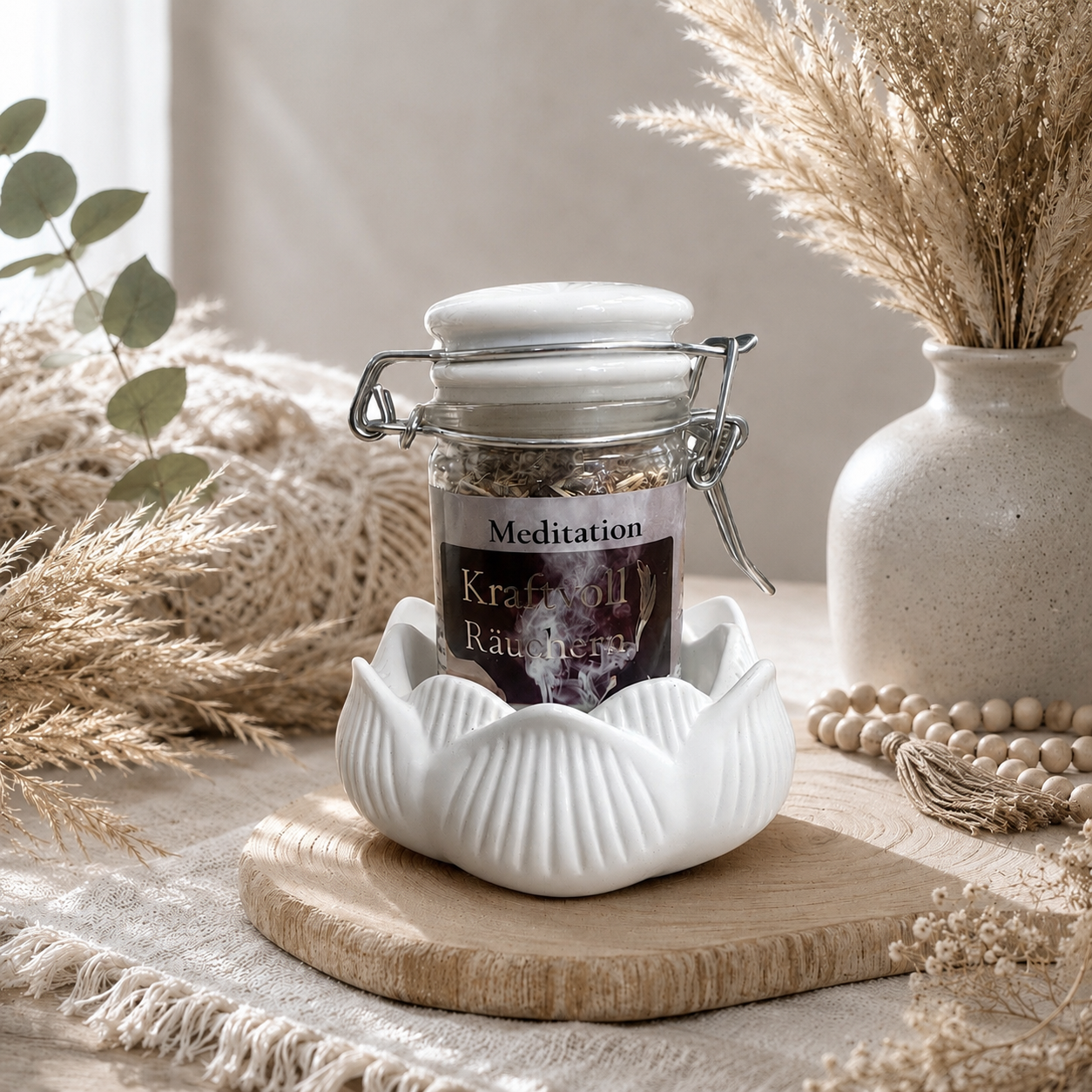 Meditation Räuchermischung im Glas mit Lotus-Schale
