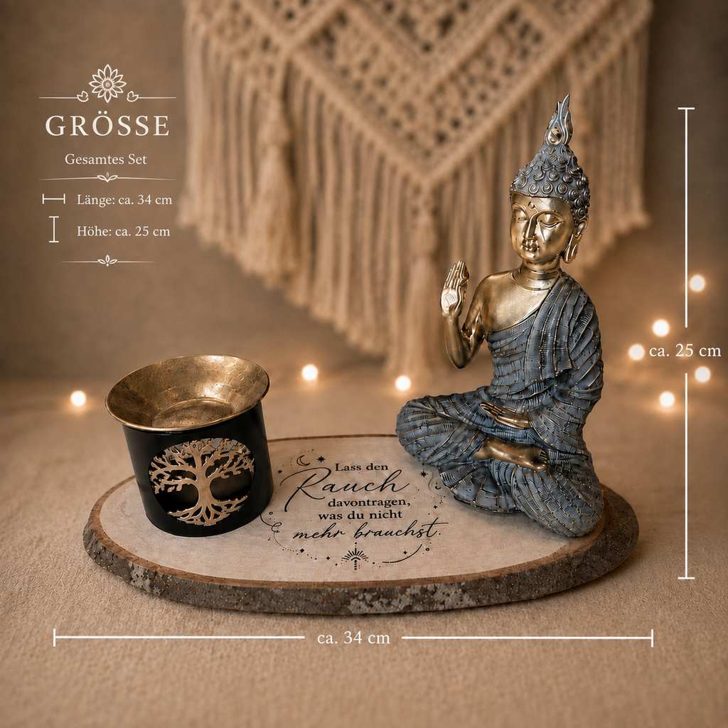 Buddha Räucherset mit Stövchen & gravierter Holzscheibe