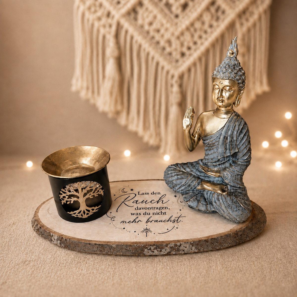 Buddha Räucherset mit Stövchen & gravierter Holzscheibe