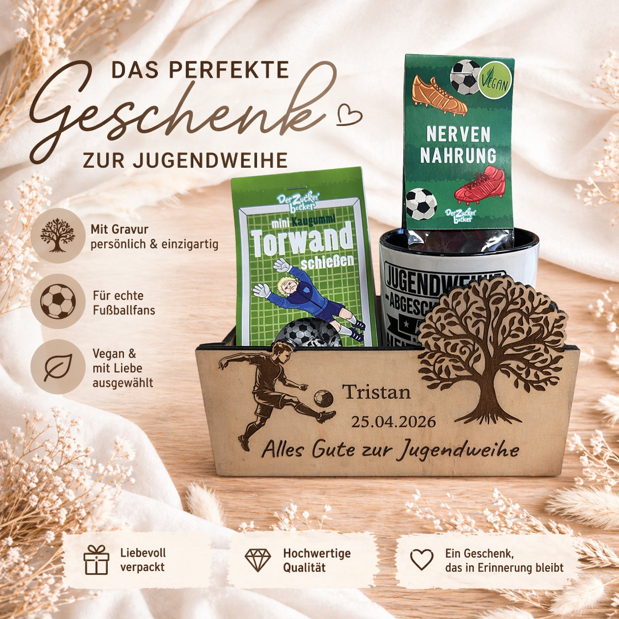Personalisiertes Jugendweihe Geschenk Fußball, Geschenkbox mit Tasse