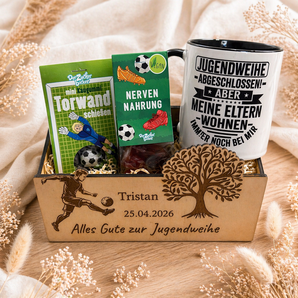 Personalisiertes Jugendweihe Geschenk Fußball, Geschenkbox mit Tasse