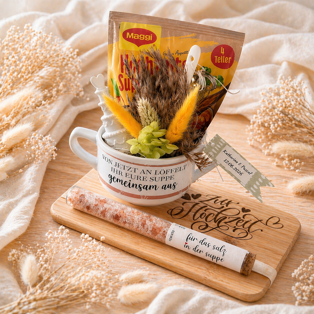 Geschenk zur Hochzeit, Suppentasse mit liebevoller Botschaft, Geschenkset