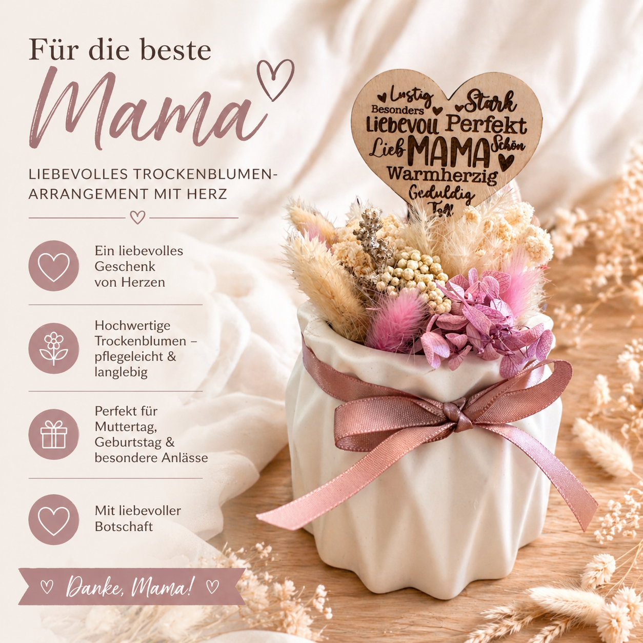 Trockenblumen Arrangement „Mama“ im Keramiktopf, 
Geschenk für Mama, Muttertag
