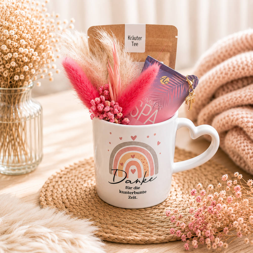 Geschenkset Tasse „Danke für die kunterbunte Zeit“