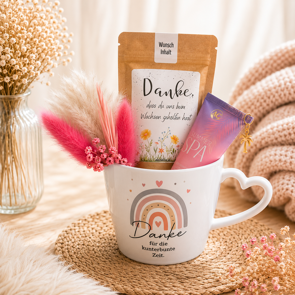 Geschenkset Tasse „Danke für die kunterbunte Zeit“