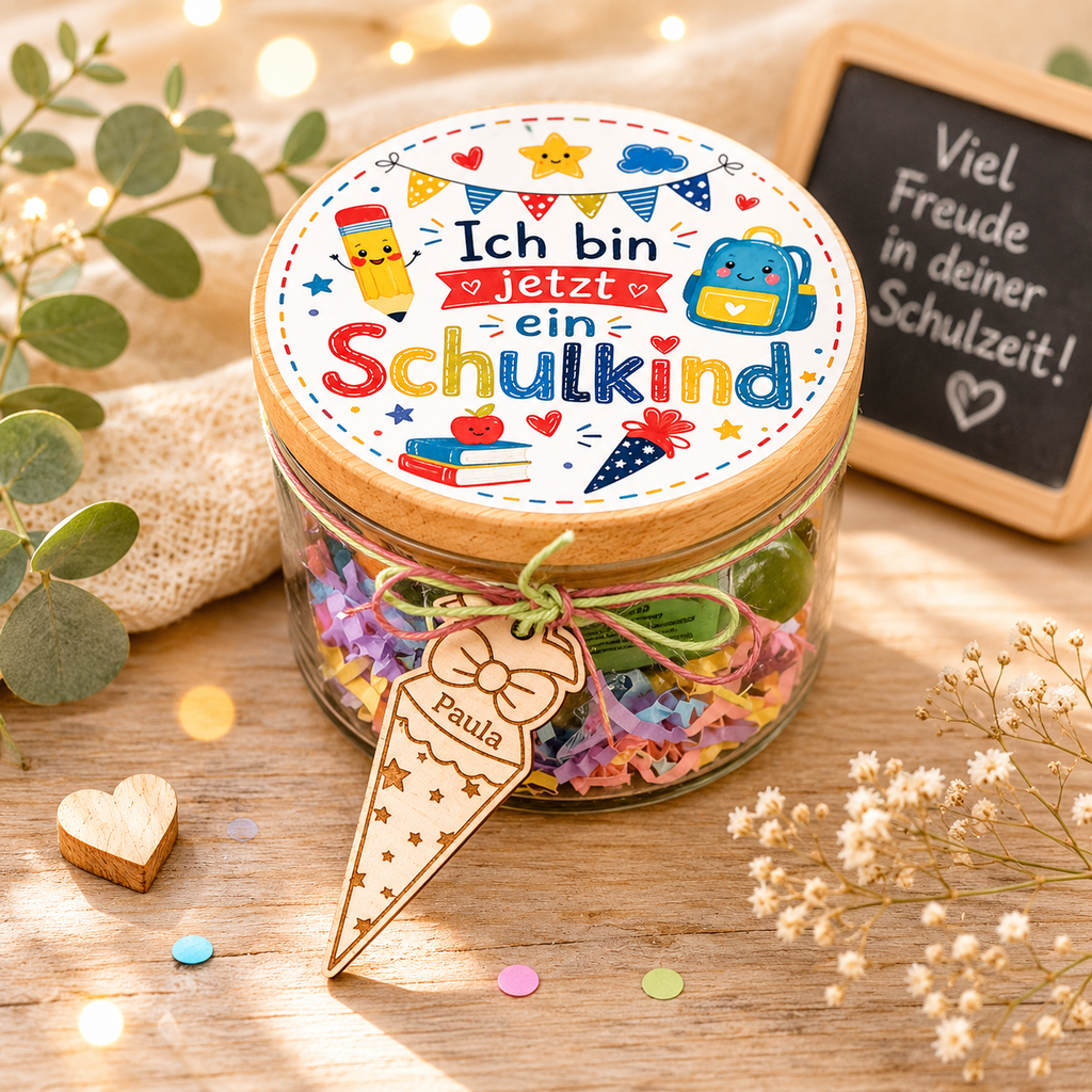 Einschulungsgeschenk im Glas, Geschenkset Schulanfang