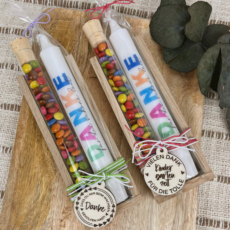 Dankeschön Geschenk mit Kerze und Schokolinsen