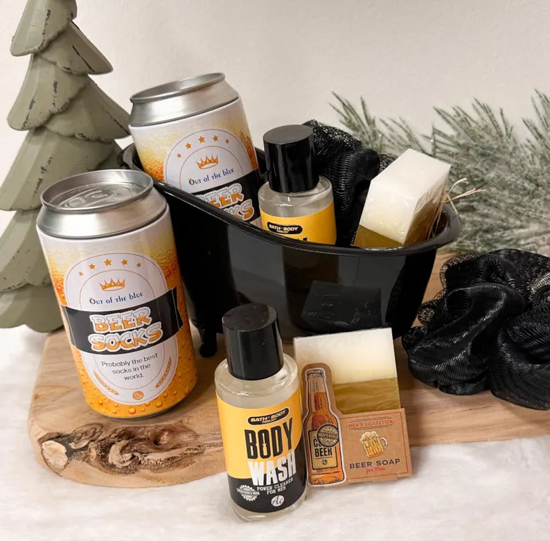 Männer Geschenkset, Biersocken, Bierseife & Bodywash im Mini-Wannen-Set, Geschenk für Männer, Männerpflege, Wellnessgeschenk Männer, Papa